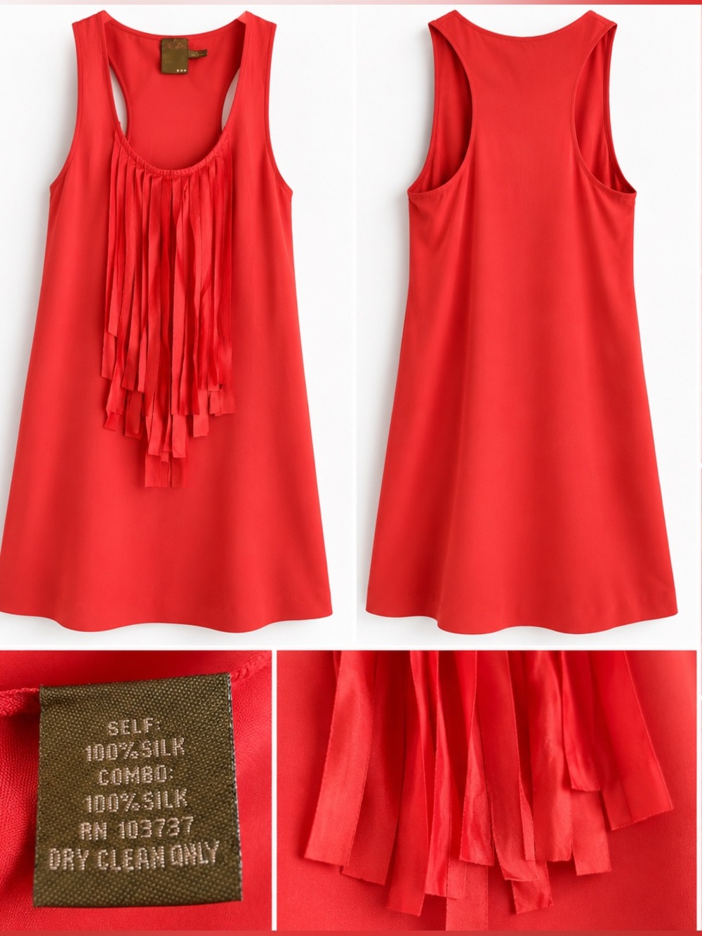 Ali Ro 100% Silk Coral Red Fringe Racerback Shift Dress Size 4